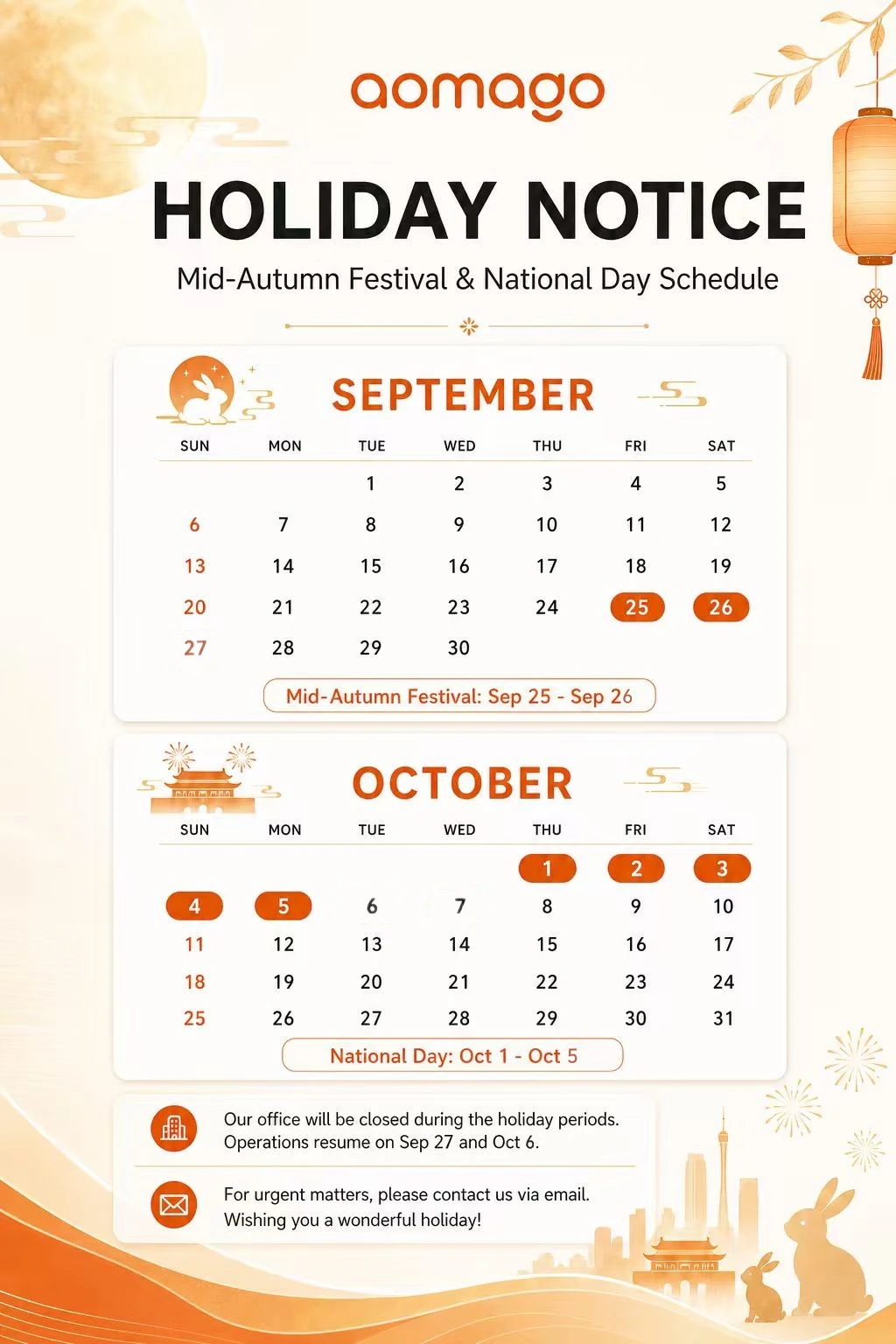 Mid‑Autumn Festival & National Holiday Notice